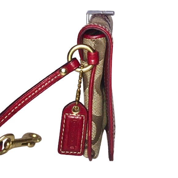 Vintage COACH Hampton Red Leather & Canvas Signature C Wristlet Clutch w Hangtag - Picture 4 of 17